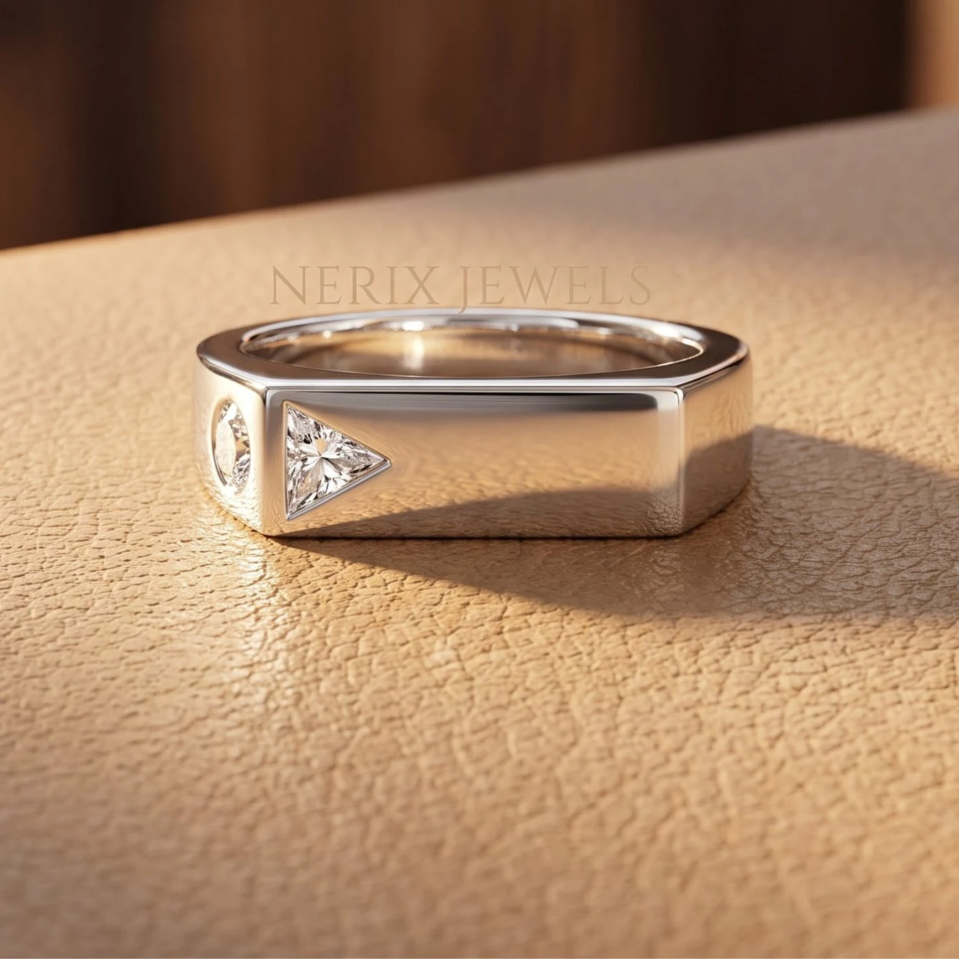 Trillion Flush-Set Signet Band by Nerix Jewels, made-to-order fine jewelry