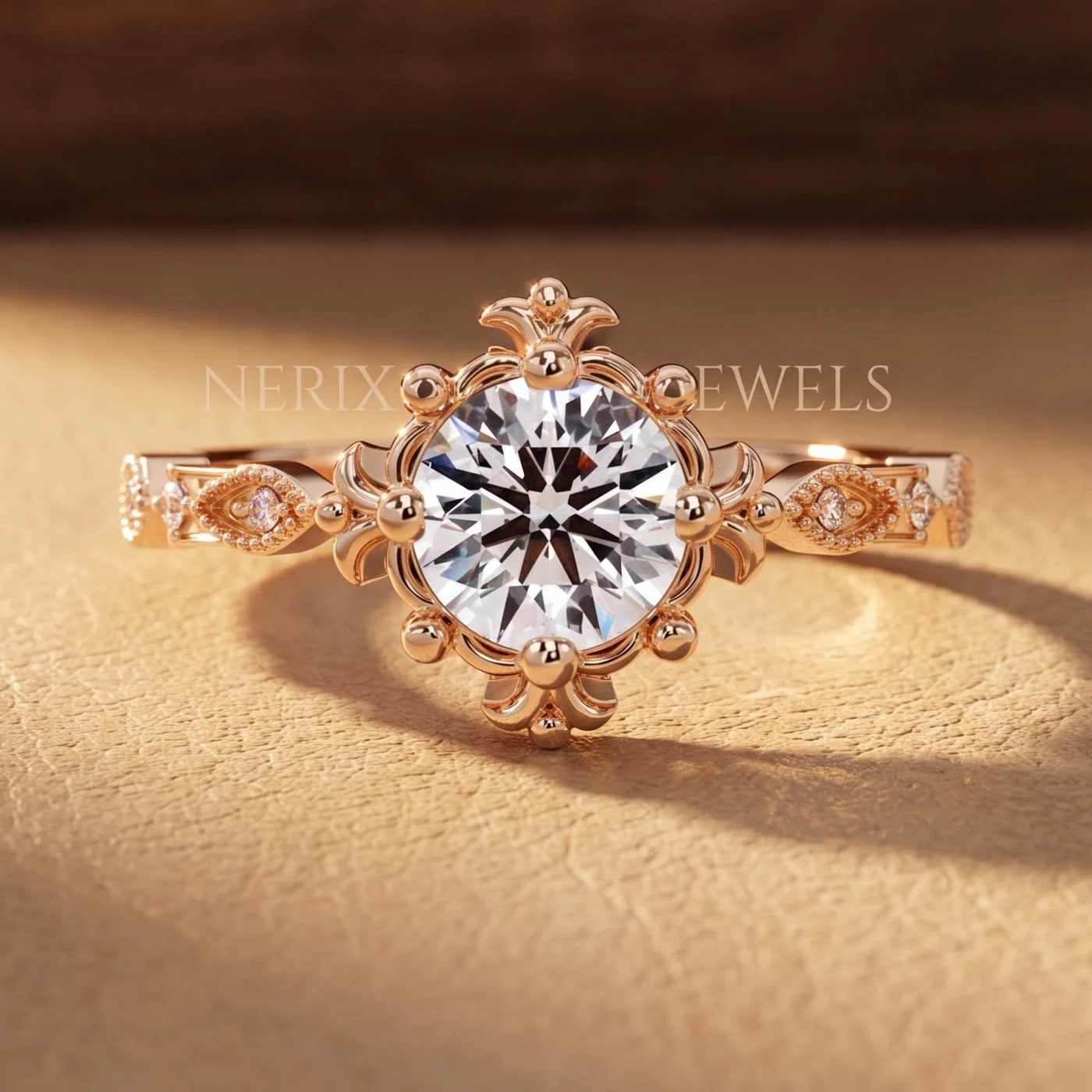 Vintage Floral Halo Moissanite Ring by Nerix Jewels, made-to-order fine jewelry