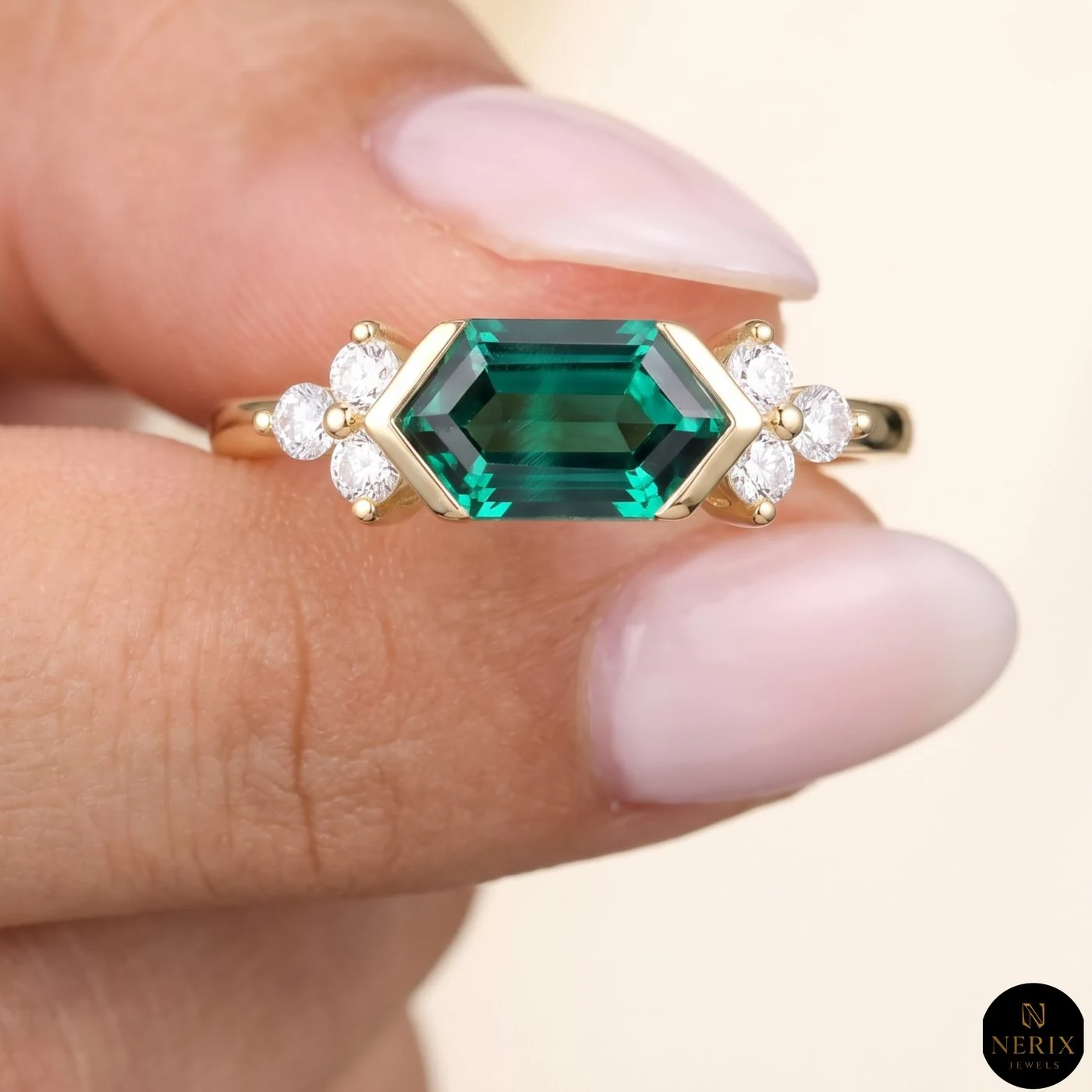 Hexagon Step-Cut Three Stone Ring by Nerix Jewels, made-to-order fine jewelry
