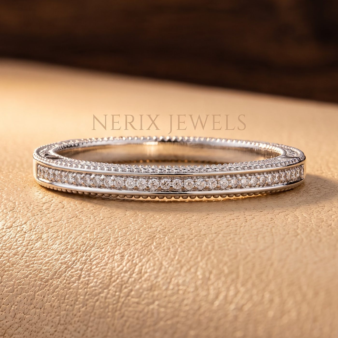 Art deco milgrain diamond wedding band in 14k gold