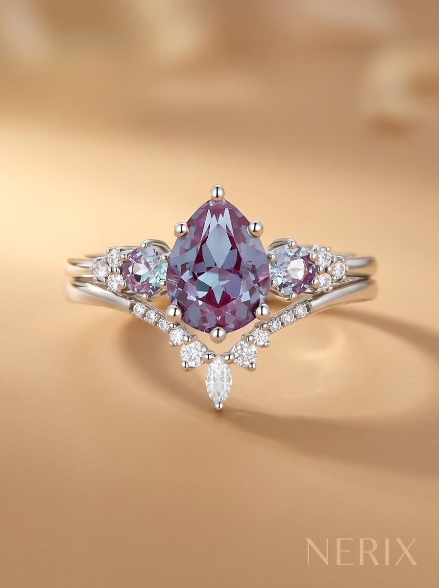 Pear alexandrite crown cluster ring in rose gold